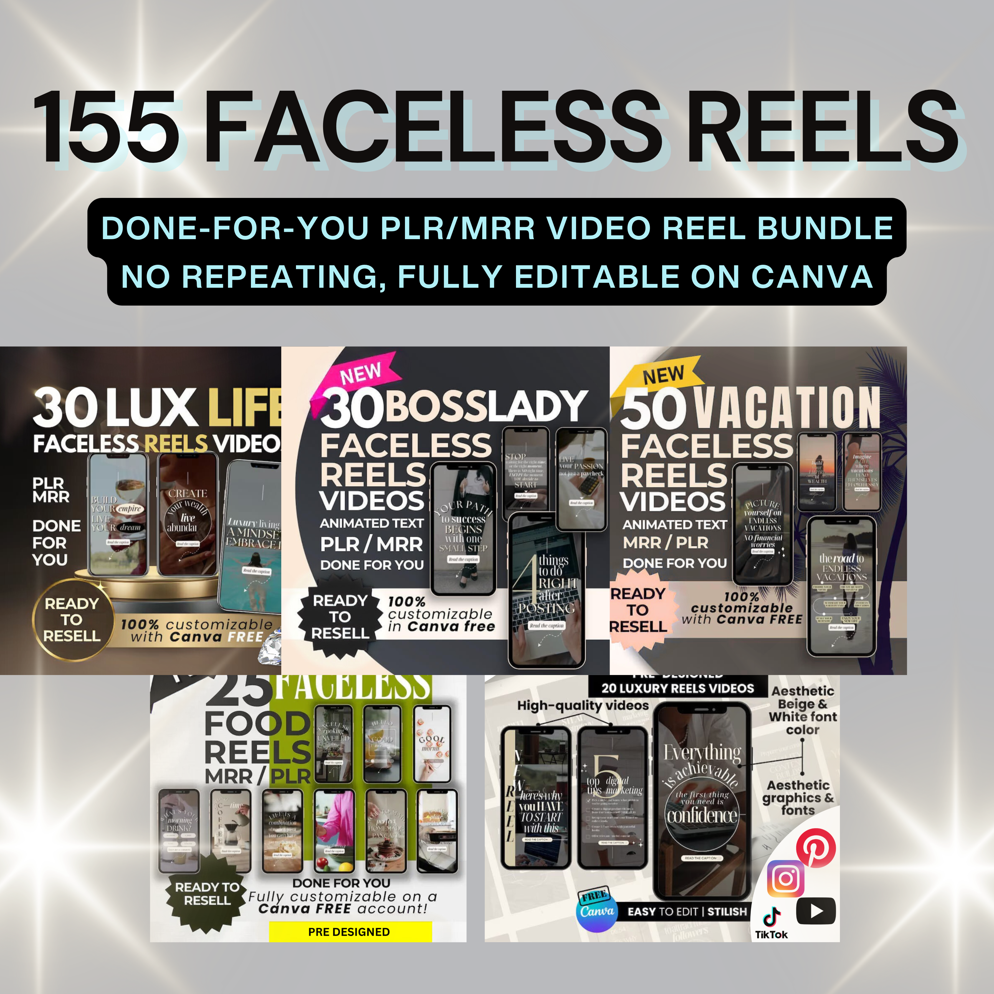 155 Faceless Reels Bundle. Done-For-You Instagram, TikTok story Video Templates PLR & MRR
